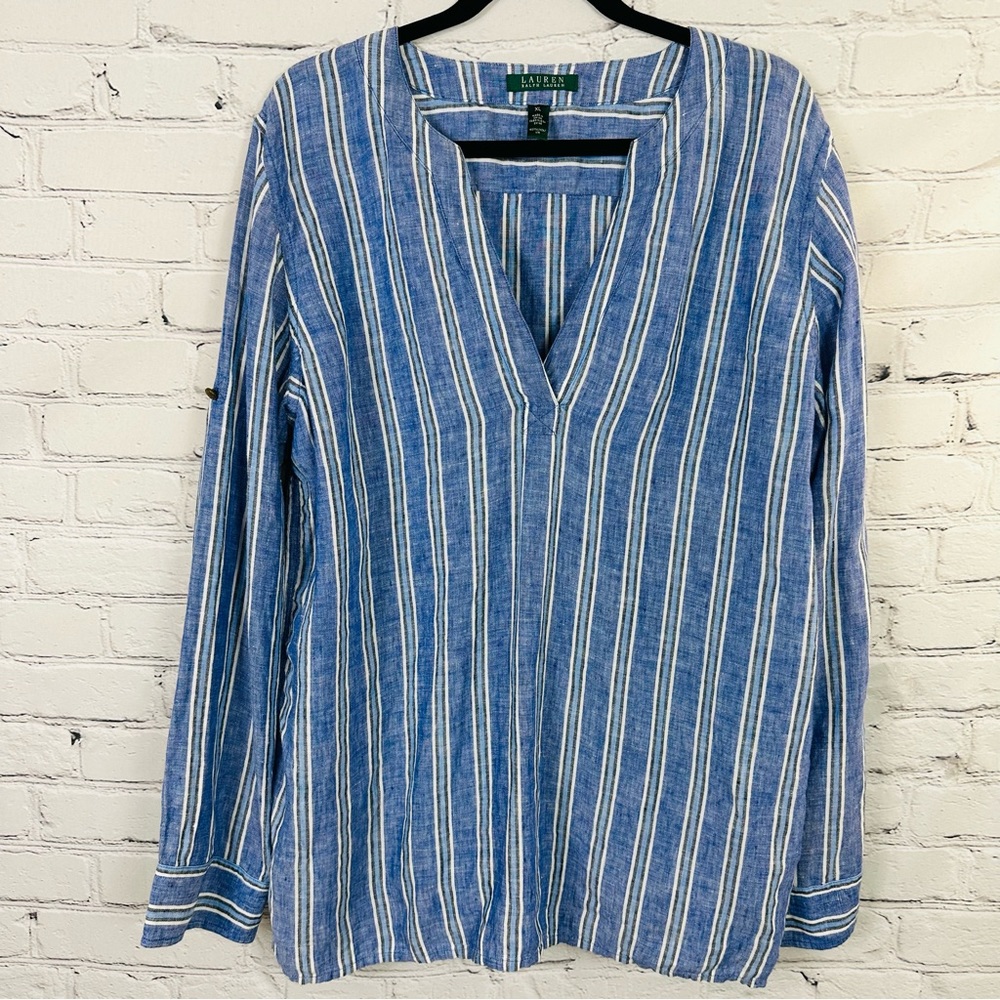 LAUREN RALPH LAUREN 100% LINEN STRIPED LIGHT BLUE AND WHITE BLOUSE/TOP SIZE (XL)